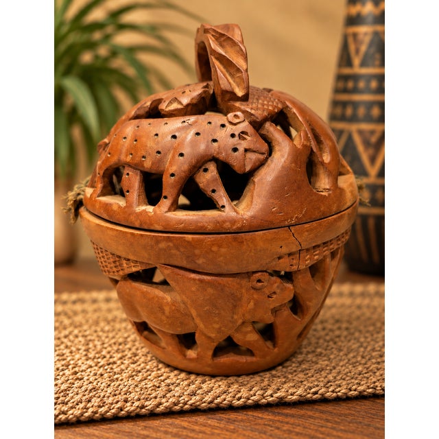 Wonderful vintage hand-carved wooden safari animal basket or decorative sculpture, believed to date to approximately the...