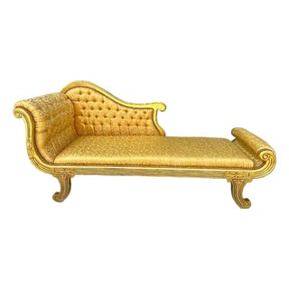 French Tufted Chaise Lounge With Damask Upholstery & Hand-Gilded Gold Leaf Frame For Sale