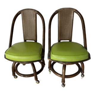 1970s Pair of Vintage Rattan and Lime Green Vinyl Swivel Chairs on Wheels For Sale