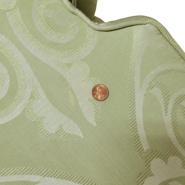 Wood Custom Celadon Green Damask Upholstered Reading Chaise Lounge With Rolled Arms For Sale - Image 7 of 7