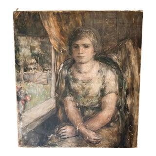 Weathered Late 1800's Portrait of a Young Woman, Antique Stretched Moody Portrait on Canvas For Sale