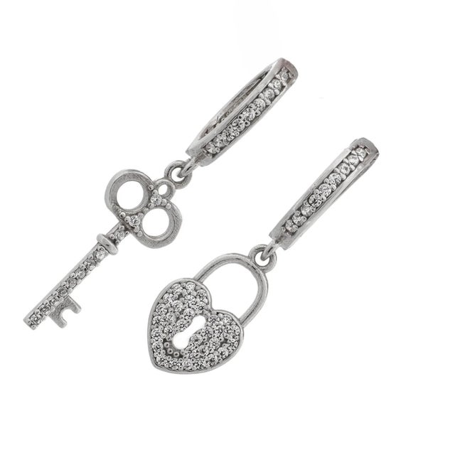 Asian My Heart Is Yours Key & Heart Lock Silver Diamond Earrings, A Pair For Sale - Image 3 of 7