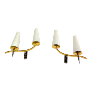 Maison Arlus Pair of Brass and Opaline Double Sconce, France Mid-Century