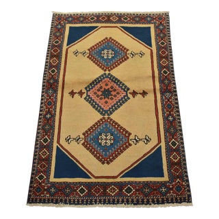 Yalameh Rug 2’9” X 4’2” Beige Wool Vintage Tribal Hand-Knotted Carpet For Sale