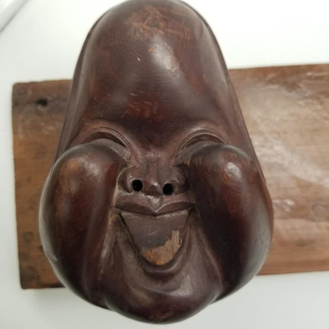 Hand-Carved Japanese Vintage Ofuku & Noh-Style Mask Trio on Wooden Panel – Signed For Sale - Image 6 of 17