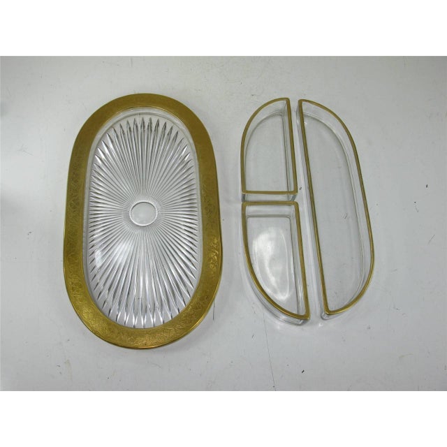 1950s 1950s Ovel Racetrack Style Divided Tray 3 Serving Inserts Vintage Pressed Glass Gold Racetrack Style For Sale - Image 5 of 12