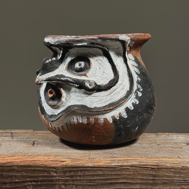 Vintage Anthropomorphic Chambri Wood Fired Polychrome Earthenware Damarau. Wood fired clay vessel with a polychrome...