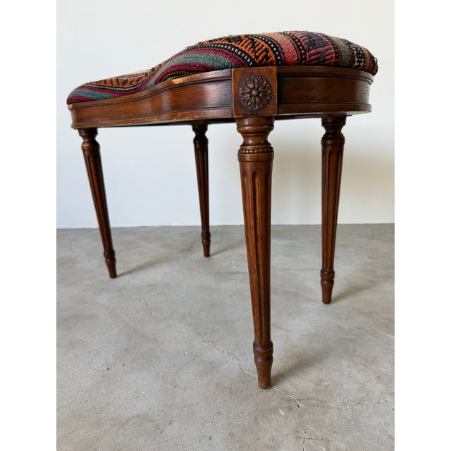 Brown Vintage French Provincial Louis XVI-Style Kidney-Shaped Upholstered Vanity Stool Bench For Sale - Image 8 of 13
