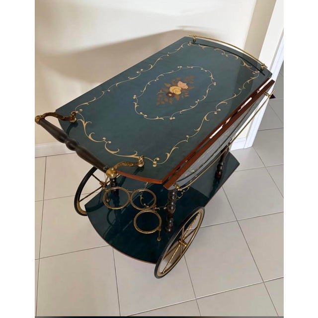 MINT NEW OLD STOCK (NOS) vintage Mid-Century Italian Hollywood Regency style marquetry drop-leaf bar/tea cart. High-gloss...