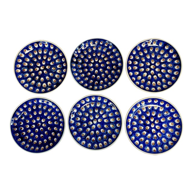1980s Vintage Boho Chic Boleslawiec Polish Pottery Salad Plates, Original Peacock - Set of 6 For Sale