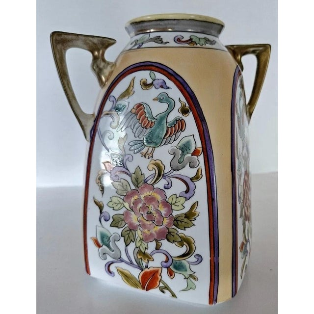 Traditional Antique Nippon Morimura Square Vase Hand Painted Floral Bird Motif 7.5" For Sale - Image 3 of 7