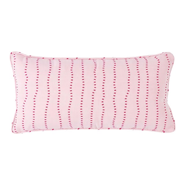Schumacher Elodie Embroidery 24" Lumbar Pillow in Rose For Sale