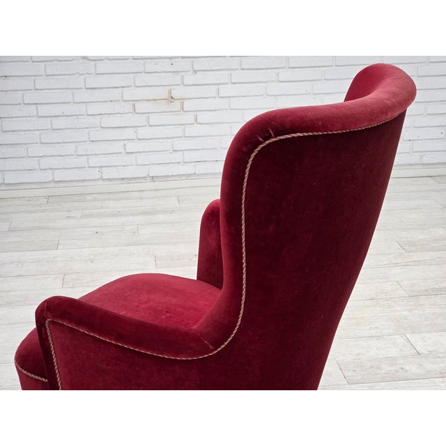 Danish Armchair in Cherry-Red Velour with Ash Legs, 1970s For Sale - Image 9 of 17