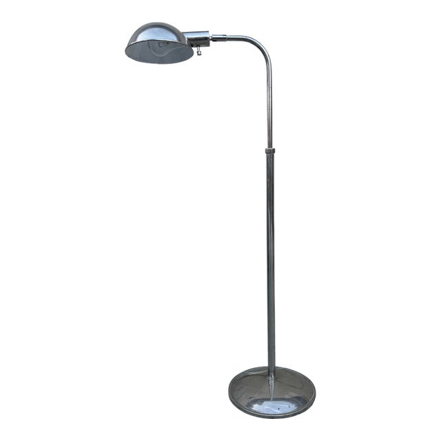 Vintage 1970s Mid Century Modern Attributed to Koch & Lowy Chrome Pharmacy Floor Lamp, Adjustable Reading Light For Sale