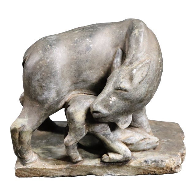 1970s Figural Hand‑Carved Stone Mother Boar & Baby Sculpture — 15.5 Lb Collectible For Sale