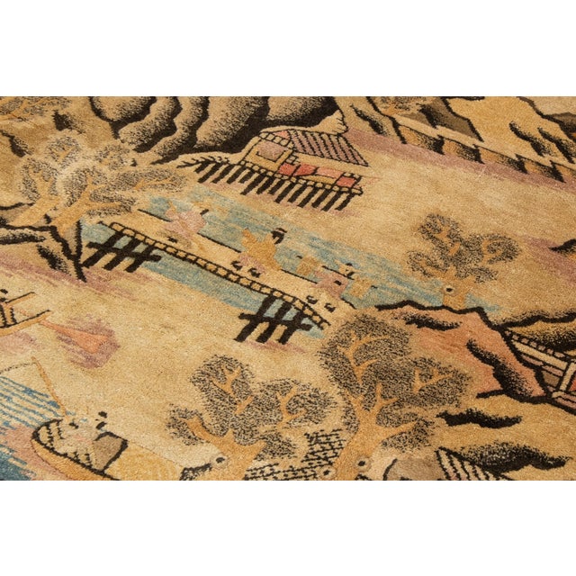 Antique Chinese Art Deco Wool Rug Handmade in Beige With Pictorial Design For Sale - Image 9 of 9