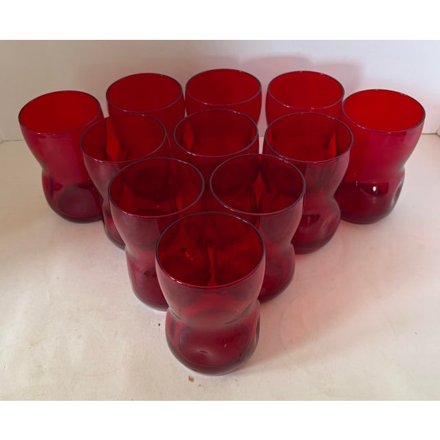 Blenko Vintage Ruby Red Art Glass Tumblers, Sculptural Mid-Century Modern Drinking Glasses, Blenko Style Dimple Pinched Set of 11 For Sale - Image 4 of 9