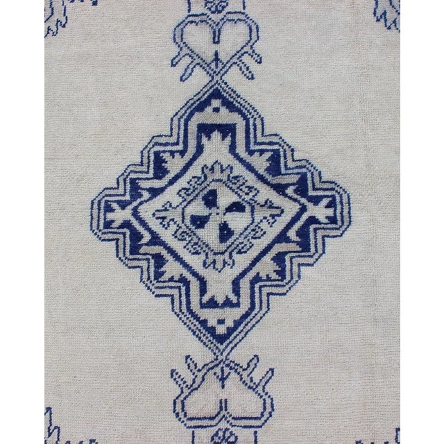 Vintage Turkish Oushak Rug Featuring Deep Indigo and Ivory Geometric Medallion For Sale In Atlanta - Image 6 of 12