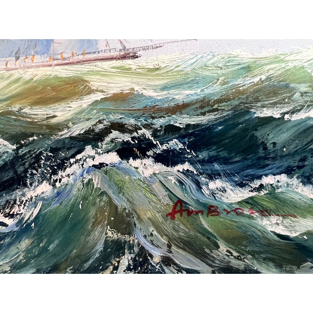 Blue Late 20th Century Ambrose Large Original Oil Painting on Canvas Sailing Ship Ocean Seascape Framed For Sale - Image 8 of 12