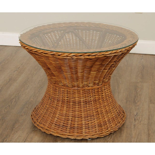 1970s Round Glass Top Wicker Side Table For Sale - Image 4 of 13