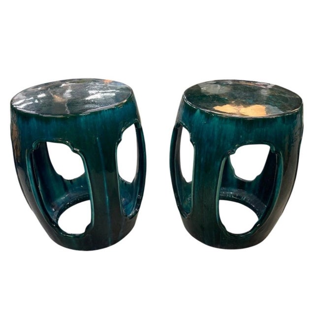 Vintage Italian Teal Ceramic Garden Stools, 2 Pieces For Sale - Image 4 of 12