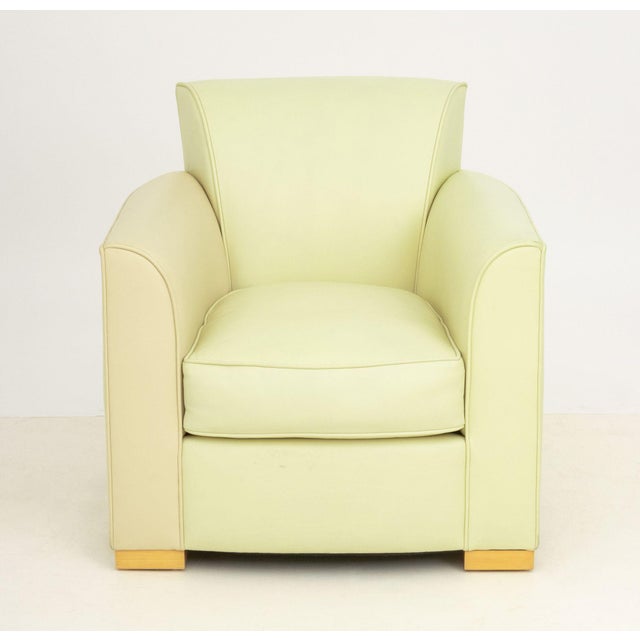 John Hutton for Donghia "Noble" Mint Green Leather Arm Chair, on four wood feet, label to underside. 31.5" H x 31" W x...