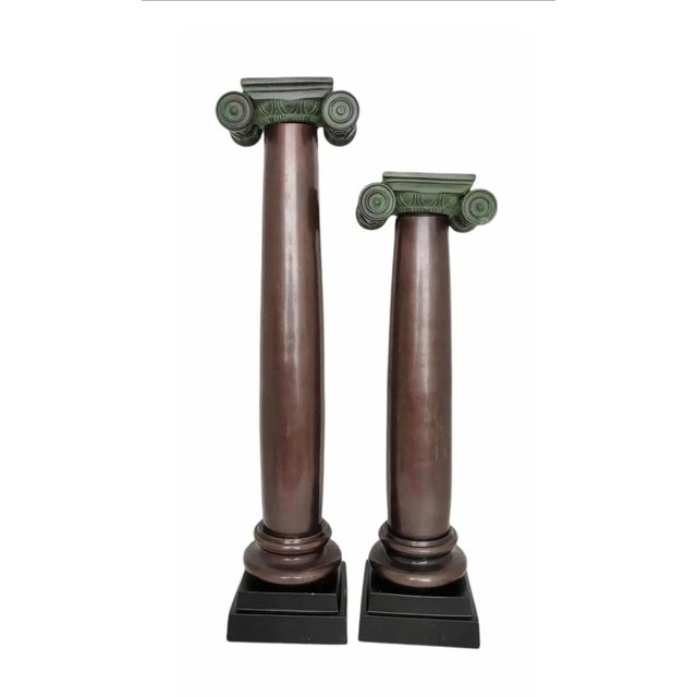 Verdigris Vintage Tall Hand-Painted Iron Ionic Column Candleholders - A Pair For Sale - Image 8 of 8