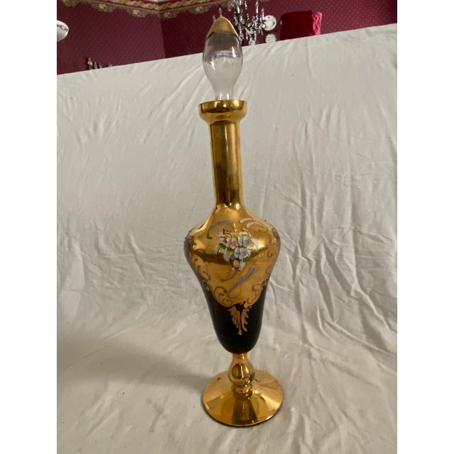 Vintage Bohemian Glass Cordial Set Decanter w/ Six Glasses Beautiful Burgundy Glass w/ Gold Ornate Floral Design