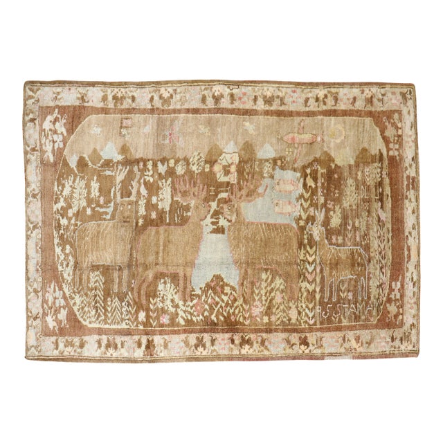 Vintage Zabihi Collection Reindeer Turkish Rug For Sale