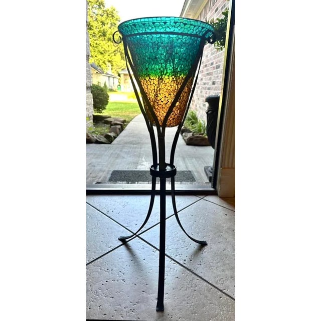 Contemporary Mosaic Glass Champagne Chiller on Iron Pedestal For Sale - Image 3 of 5