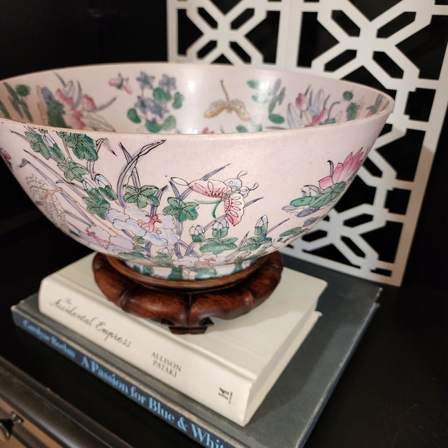 Blush Mid 20th Century Large Chinese Famille Rose Porcelain Bowl With Birds, Lotus & Butterflies on Carved Wood Stand For Sale - Image 8 of 13