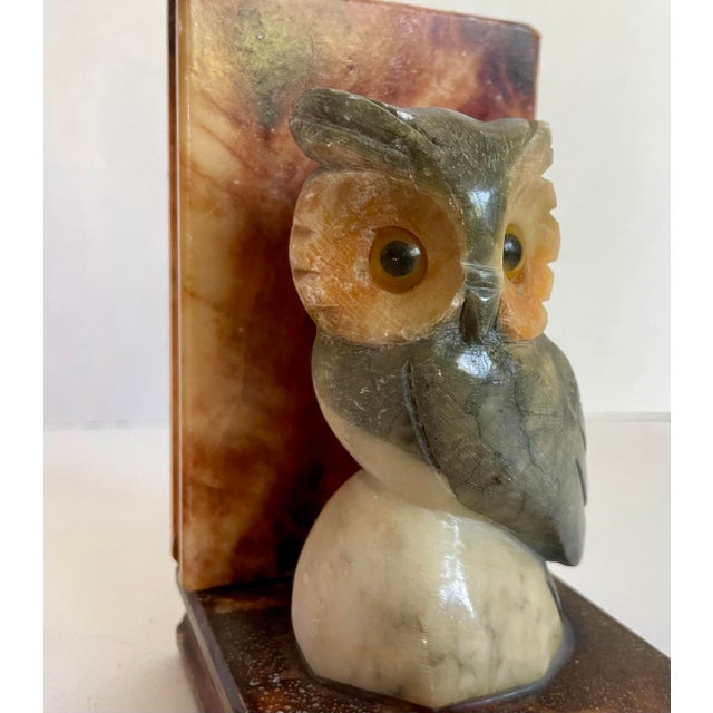 Mid 20th Century Carved Alabaster Marble Figurative Owl Bookends Made in Italy For Sale - Image 5 of 12