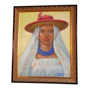 Mid 20th Century Alfonso Tirado Portrait Oil Painting of a Mexican Woman in Traditional Costume