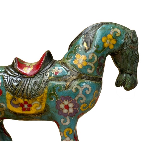 Vintage Chinese Turquoise Blue Flower Cloisonné Enamel Horse Statue For Sale - Image 13 of 13