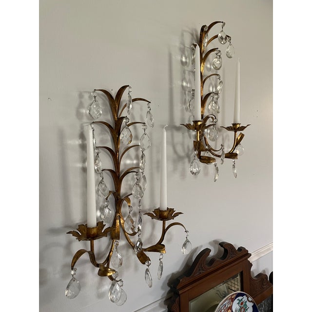 Vintage Mid Century 19" Italian Gilded Tole and Crystals Candle Sconces - A Pair For Sale - Image 14 of 18