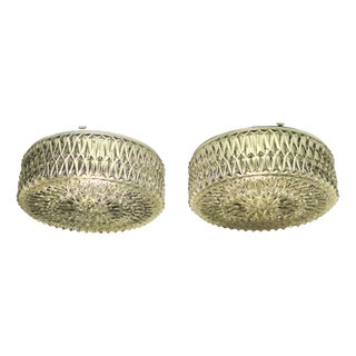 Vintage Ceiling Lamps in White Metal Mounting and Relief Shade and Clear Crystal Glass by Sonlux, 1990s, Set of 2 For Sale