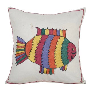 Suzani Pillow Made From a Vintage Uzbek Suzani, Animal Fish Motif Uzbek Pillow Cover 18'' X 19'' For Sale