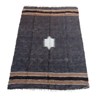 Vintage Turkish Siirt Mohair Blanket, Undyed Angora Goat Hair, Medallion & Stripes For Sale