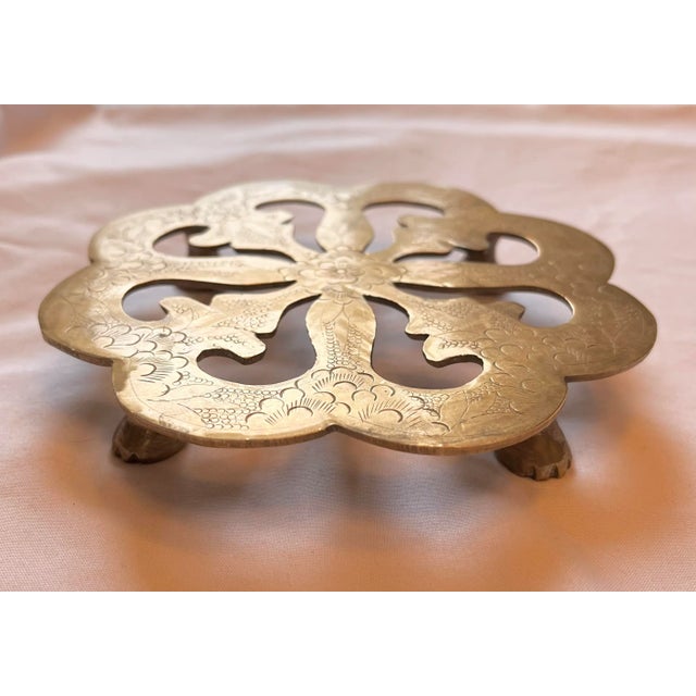 Mid 20th Century Vintage Brass Footed Etched Trivet For Sale - Image 5 of 6