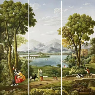 36" * H96" * 3ps, Classical Roman Bucolic Hand-Painted Pastoral Landscape Mural For Sale