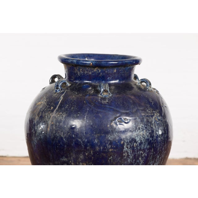 Large Antique 19th Century Thai Cobalt Blue Martaban Jar with Dragon Motif For Sale - Image 4 of 13