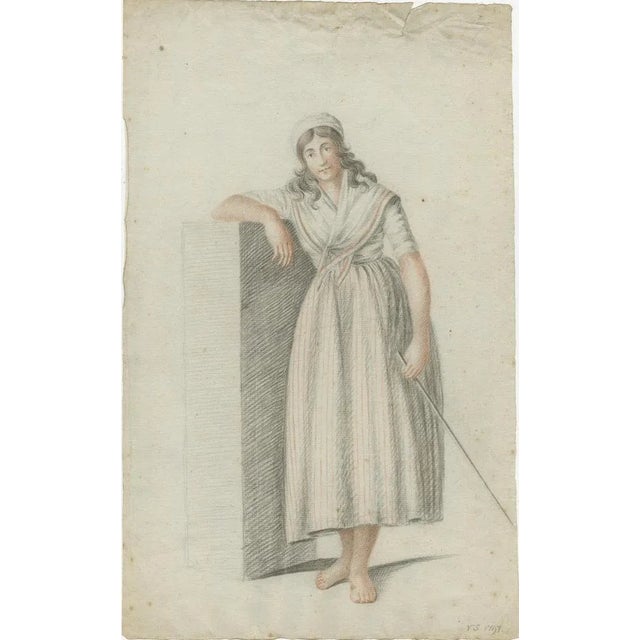 Black After Verburgh, Standing Woman with Staff, 1797, Chalk on Paper For Sale - Image 8 of 10