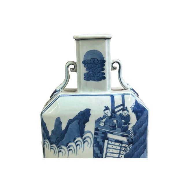 Chinese Blue White Porcelain Hexagonal Figural Graphic Art Vase For Sale - Image 10 of 15