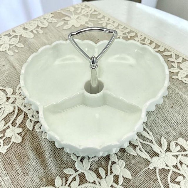 Vintage Fenton Milk Glass Hobnail Tricorn Divided Dish (3-Part) With Metal Handle 7-Inch For Sale - Image 13 of 13
