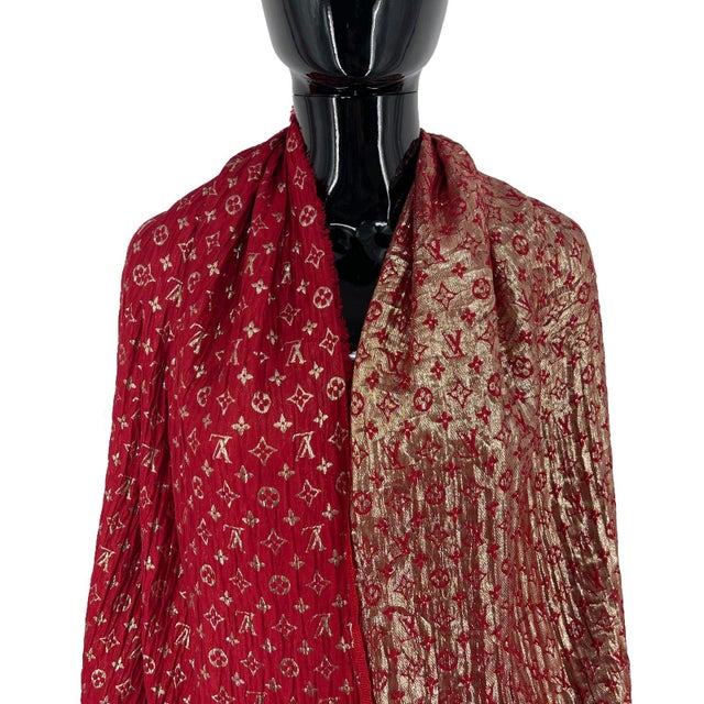 Louis Vuitton Red Reversible Silk Wool Scarf | Chairish