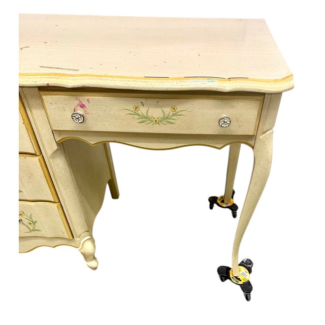1970s French Provincial Style Hand Painted Solid Wood Writing Desk Dresser Dressing Table Entry Vintage For Sale In Los Angeles - Image 6 of 12