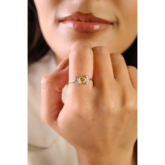 14k Gold Natural Oval Yellow Sapphire Diamond Floral Motif Cluster Ring Size 7 For Sale - Image 10 of 15