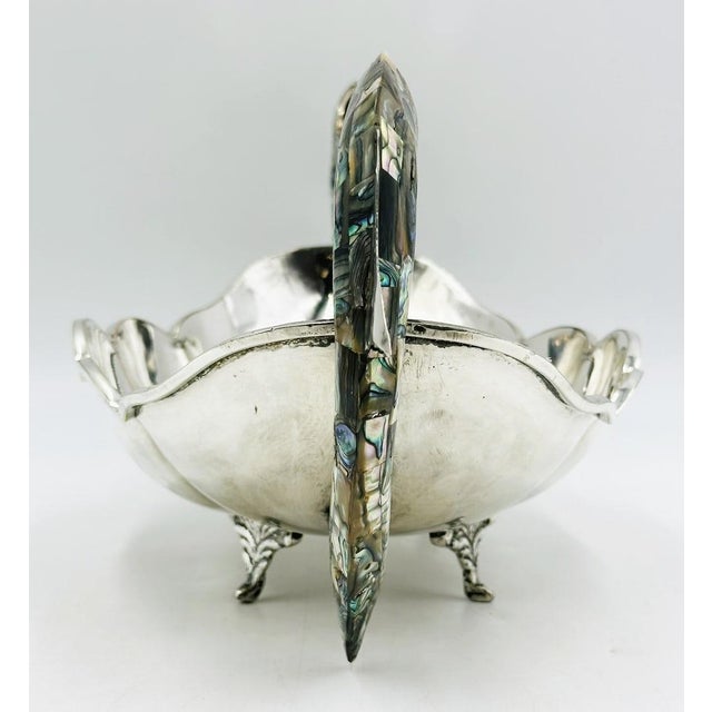 Silver 1960s Mexican Silver Plate Center Bowl With Abalone Fish Handles, Signed a.c.t. Taxco For Sale - Image 8 of 18