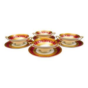 Mid 20th Century Dw Porzellan Karlsbader Wertarbeit Fuchsia Gold Encrusted Cream Soup Bowl Set- 8 Pieces