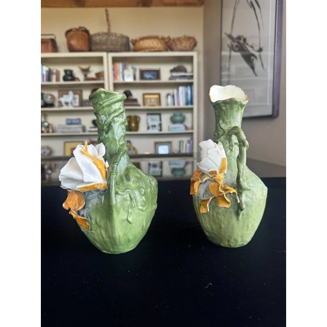 Art Nouveau Jugendstil Porcelain Ewer Vase Pair, Green Glaze With Applied Flowers, C. 1900 For Sale - Image 4 of 9